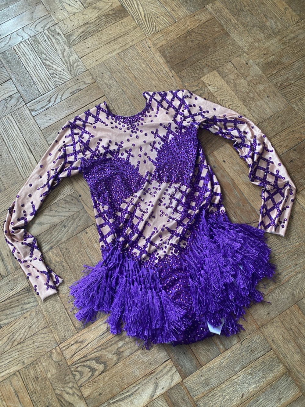 Purple fringe leotard showgirl costume ice skating costume